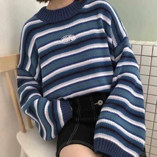 Female Korean Harajuku Clothing For Women Loose Wild Striped Student Sweater Womens Sweaters Kawaii Ulzzang Pullover Jumper