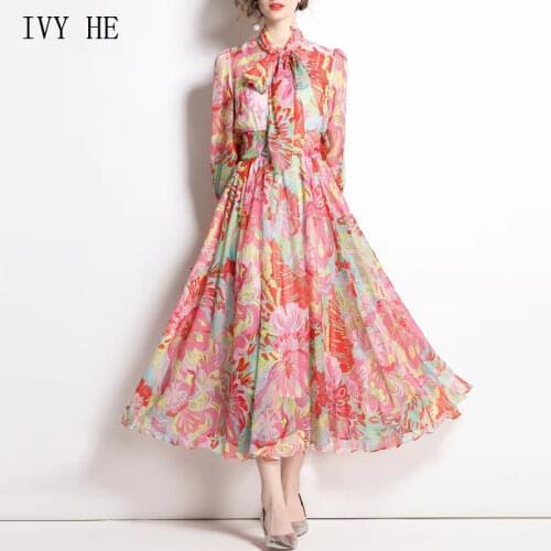 IVY HE High Quality Summer Dress Woman Clothing Frenulum Print For Slim Fit Midi Long Dress Traf Robe ZA Vintage Party Dresses