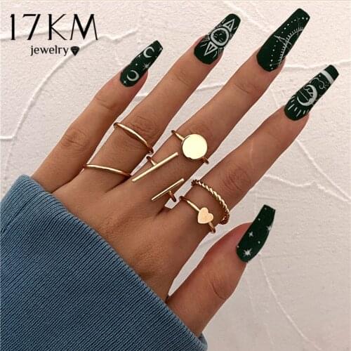 17KM Trendy Gold Geometric Round Heart Rings Set For Women Girls Punk Simple Cross Finger Rings 2021 Trend Jewelry Party