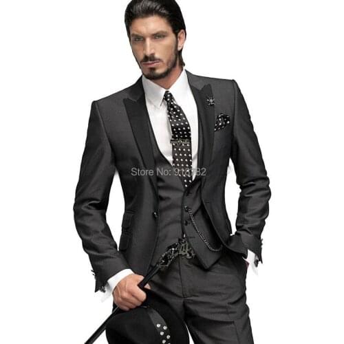 2016 Tailored Suit One Button Charcoal Gray Groom Tuxedos Groomsmen Men Wedding Prom Suits Custom Made (Jacket+Pants+Vest+Tie)