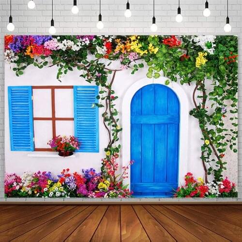 Avezano Spring Floral Backdrop Flower Green Leaves Photography Background Studio Blue Door Window Photozone Photocall Decoration