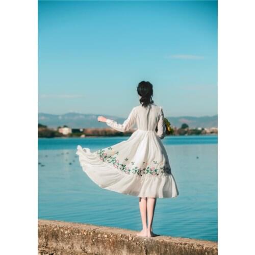 Free shipping new vintage flowers and leaf embroidery long dress garden/studio