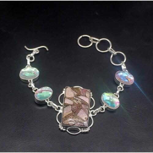 Hermosa Jewelry Natural Rhodochrosite Colorful Topazz Silver Color Charms Links Bracelets for Women 7.5 inch FQ85