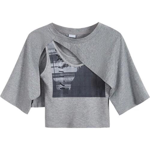 Summer Gray Sports Shirt Irregular Printing T-Shirt Women Hot Girl Short Vest Stitching Two-Piece Fitness Running Short Sleeve