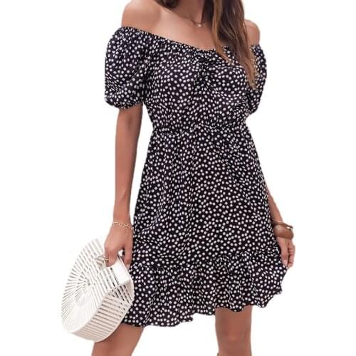 Fashion Vintage Summer Dress Woman Sexy Short Sleeve Womens Dress Off Shoulder Print Loose Black Mini Dresses Vestidos 15109