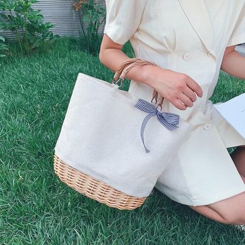 Fashion Bamboo Handle Women Handbags Casual Canvas Straw Bags Rattan Wicker Large Capacity Tote Summer Beach Traval Big Purses