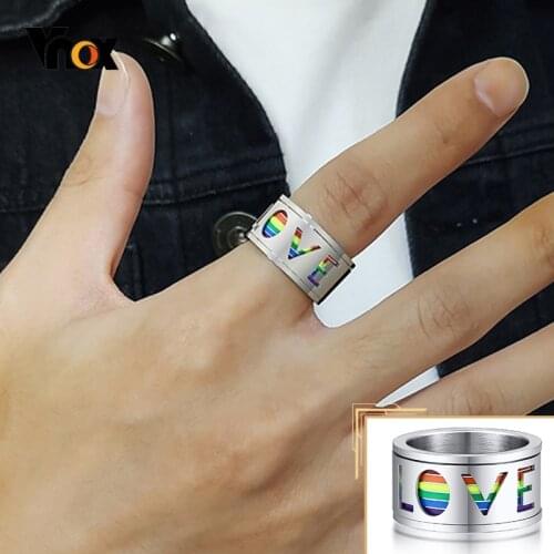Vnox Chunky 11mm Spinner Men Ring Enamel Rainbow Lines Finger Band Rotatable Hollow Stainless Steel LOVE LGBTQ Jewelry