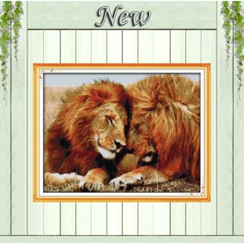 Lions lovers,Counted Printed on fabric DMC 11CT 14CT Cross Stitch kits,Needlework Sets all for Embroidery,Animal kiss Home Decor
