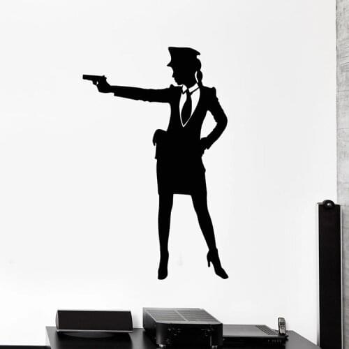 Policemen Wall Decal Cop Woman Female Gun Weapon Vinyl Window Stickers Police Station Office Interior Decor Wallpaper Cool E726