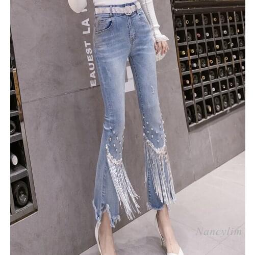 New Bell-Bottom Denim Pants Womens Slimming High Waist Tassel Diamond Beads Cropped Boot-Cut Blue Jeans 2021 Spring Summer