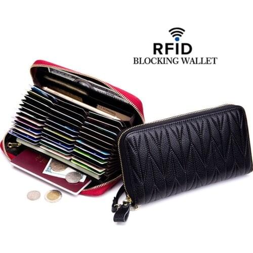 New RFID Women Long Wallet RFID Blocking Card Holders Travel Passport Purses First Cow Leather Fashion Storage Bags Hand Strap