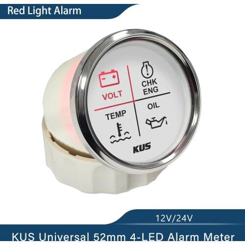 New KUS 52mm Alarm Gauge Meter 9~32V Volt/Oil/Water Temp/Check Engine 4 LED Alarm Indicator Gauge fit Car Boat With Backlight