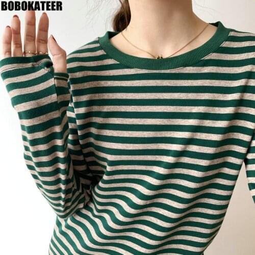 Fall Clothes Women T-shirt Long Sleeve Casual Striped T Shirt Female Korean Fahsion Ladies Tops Vintage Tee Shirt Autumn 2021