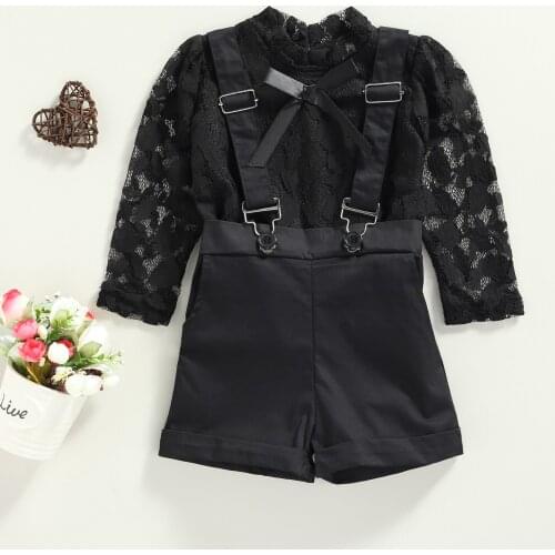 Autumn 2Pcs Fashion Baby Girls Clothes Set Long Sleeve Floral Lace Mesh Shirt Tops + Black Suspender Shorts Spring Set