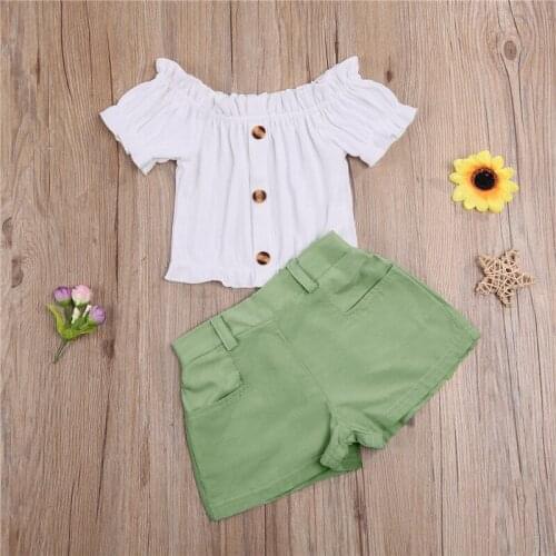 1-6Y Fashion Kids Girls Summer Clothes Sets 2pcs Knitted Off Shoulder Button T-shirts Tops+Shorts Pants Casual Holiday Outfits