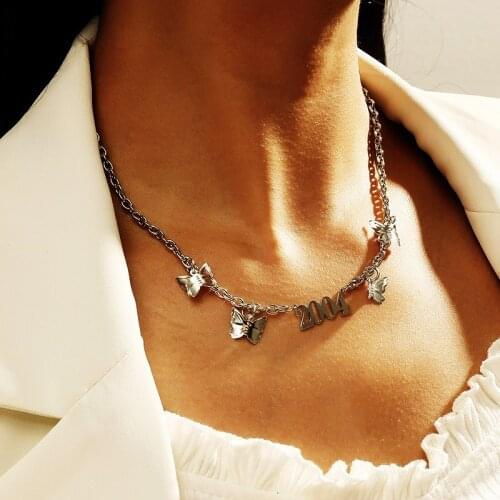 Simple Insect Butterfly Number 2004 Pendants Necklaces For Women Trendy Silver Color Link Chain Necklace Ladies Party Jewelry