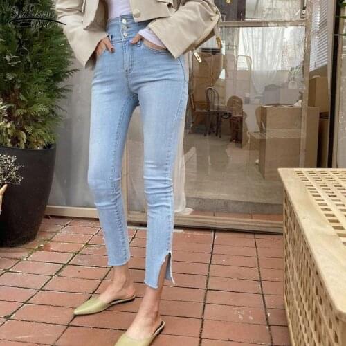 Pantalon 2020 Women High Waist Jeans Pants Single-breasted Lady Pencil Jeans Streetwear Women Denim Skinny Pants Trousers 10411