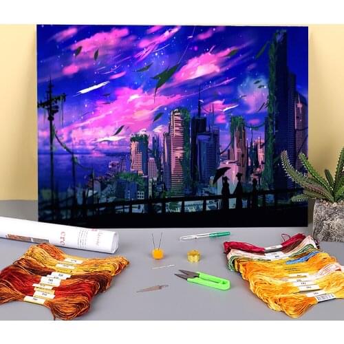 Scenery Night Sky Printed Water-Soluble Canvas 11CT Cross Stitch Full Kit Embroidery DMC Threads Knitting Craft Promotions