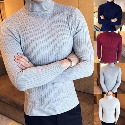 Casual Men Winter Solid Color Turtle Neck Long Sleeve Twist Knitted Slim Sweater