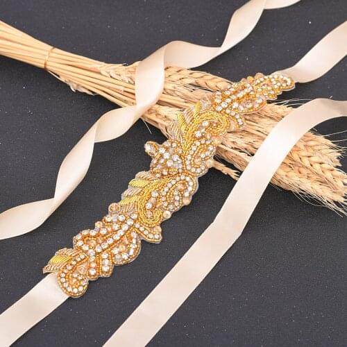 S375-G Golden Wedding Belt with Rhinestones Handmade Beaded Bridal Dress Sash Jeweled Belts for Women Prom Evening Dresses
