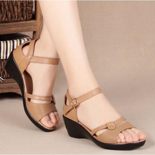 Cowhide Middle-aged Mother Sandals Summer New Genuine Leather Female Sandals Large Size 40-43 Women Shoes Casual Wedged