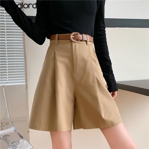 Spring Summer Half Wide Leg Pants High Waist Pockets Female Shorts With Belt 2021 Casual Ladies Streetwear Solid Overalls Shorts