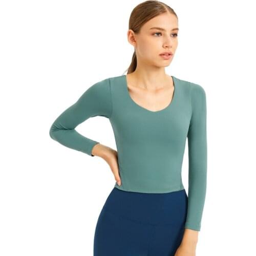 2 In 1 Built In Bra Cropped Fitness Shirt Yoga Tops Women Slim Fit Naked Feel Gym Workout Long Sleeve Crop Top