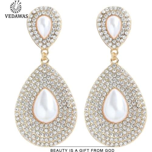 Vedawas Ethnic Luxury Pearls Drop Earrings for Women Trendy Rhinestone Shiny Water Drop Earring Wedding Jewelry Gfits Wholesale