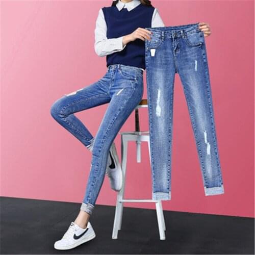 Womens Clothing of Large Size Fashion Autumn Female Casual Streetwear Jeans with Hole Elegant Denim Trousers LWL489