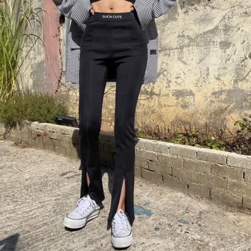 Letter Print High Waist Female Long Flare Black Pants For Women Hem Split Aesthetic Slim Bottoms Harajuku Skinny Trousers Capri