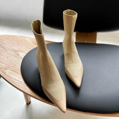 Fashion Womens Pointed Toe Calf-length Boots Med Heels Stretch Fabric Black Apricot Brown Shoes J75