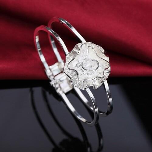 Charms fine rose flower bangles 925 Sterling Silver cuff Bracelets for Women Fashion Wedding Party Holiday gifts Jewelry