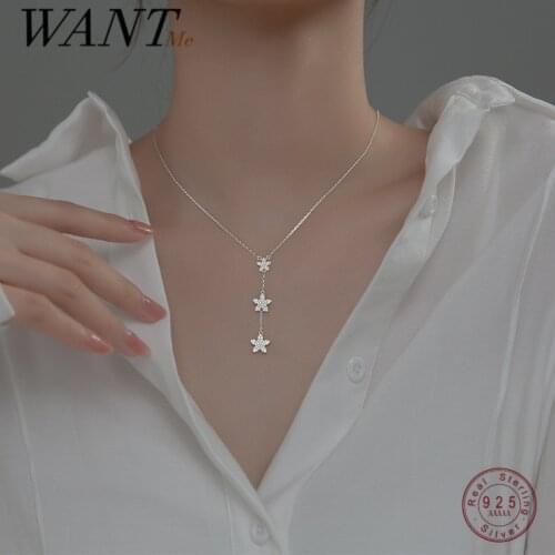 WANTME 925 Sterling Silver Bohemian Shiny Zircon Star Flower Tassel Chain Pendant Necklace for Women Charm Wedding Jewelry Gift