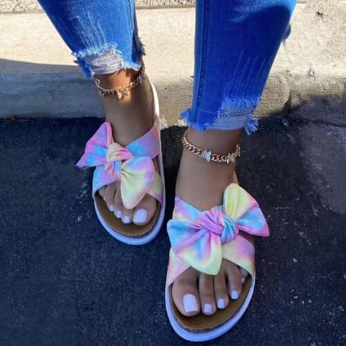 2021 Summer Bowknot Womens Shoes Open Toe Slippers Flat Sandals Fashion Printed Outdoor Womens Shoes Plus Size 43