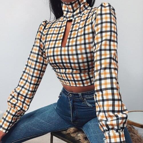 2021 Spring Summer Harajuku Woman High Quality Grid Series Yollow Turtleneck Crop Top Sexy Backless High Street Tee Shirt Y2k