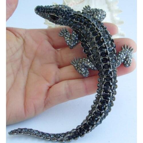 4.13" Animal Crocodile Alligator Brooch Pin Pendant Black Gray Rhinestone Crystal EE05009C2