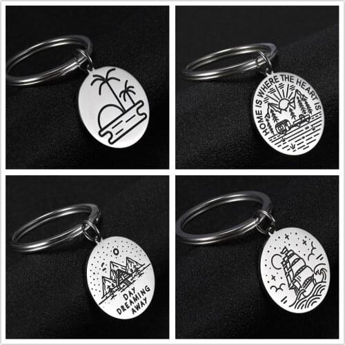 SKYRIM Round Charm Key Chains Coconut Tree Adventure Mountain Journey Stainless Steel Key Ring Holder Key-chain Pendant For Bag