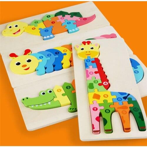 Wooden Dinosaur Crocodile Animal Puzzle Toy Digital Cognition Puzzles Kindergarten Educational 3D Wood Children Kids Toys Gifts