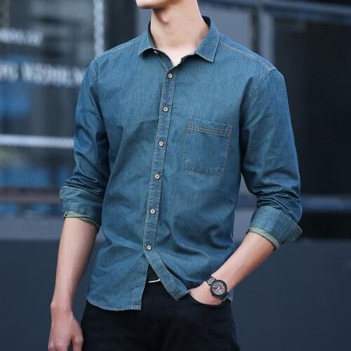 Dropshipping Long Sleeve Jean Shirt Mens Spring Autumn 100% Cotton Comfortable Soft Denim Shirts Male Slim Casual Cardigan Tops