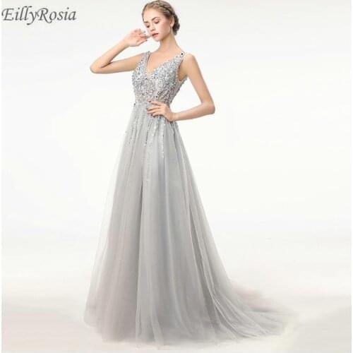 EillyRosia Gray Prom Dresses Long Beading Sequins Tulle A Line Floor Length V-Neck Backless Evening Party Gowns galajurken lang
