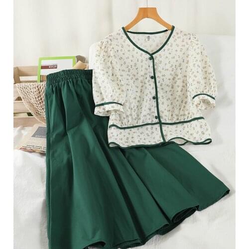 Elegant Two Piece Set Women Skirt Short Sleeve V-neck Buttons Floral Blouse And High Waist Summer Two Piece Sets Womens Outfits