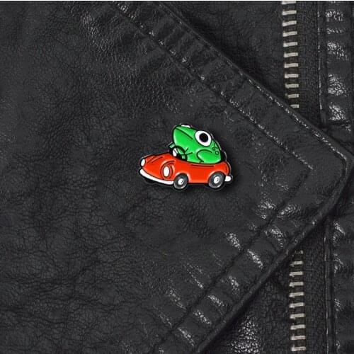 FIMAODZ Frog Driver Enamel Pin Funny Animal Frog Red Car Brooch Backpack Clothes Kids Badge Gift