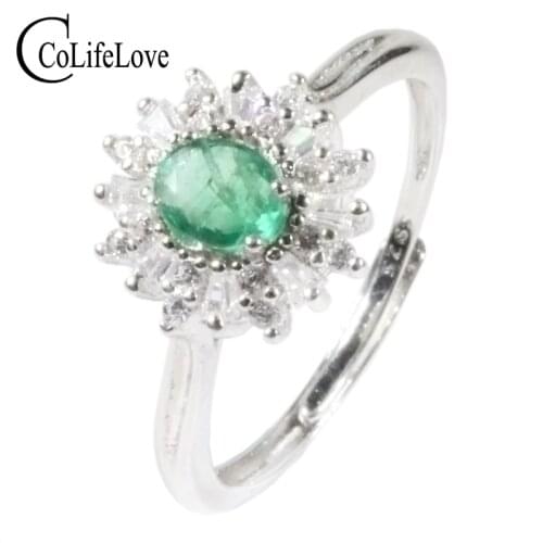 CoLife Jewelry 100% Real Silver Emerald Ring for Engagement 4*5mm Natural Emerald Silver Ring 925 Silver Emerald Jewelry