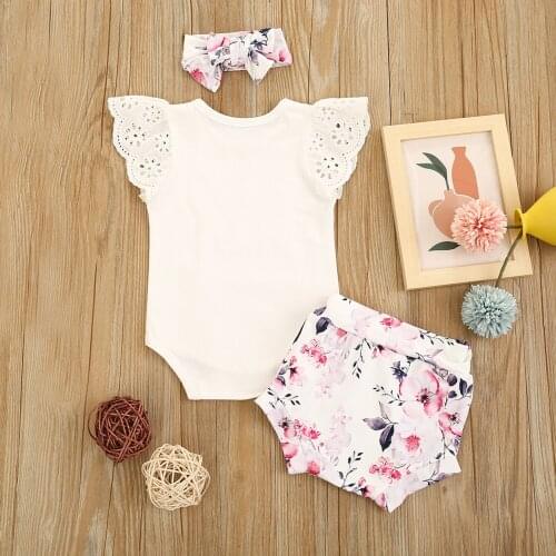 0-24M Toddler Baby Girls Clothes Solid Color Lace Fly Sleeve Jumpsuit and Flower Short Pants with Headband Baby Summer Clothing