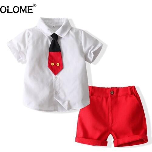 OLOME Boys Clothing Sets Children Summer Shirts +Pants with Necktie Kid Girls 2pcs Clothes Toddler Short Pants Formal Costume
