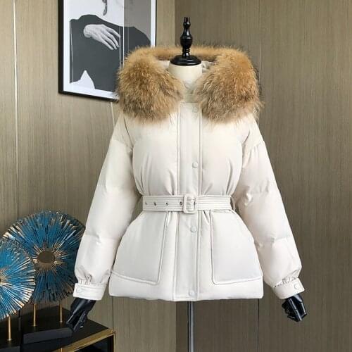 2021 Winter Jacket Women 90% White Duck Down Coats Big Raccoon Fur Collar Thick Female Parkas Sash Tie Up Short Snow Coat