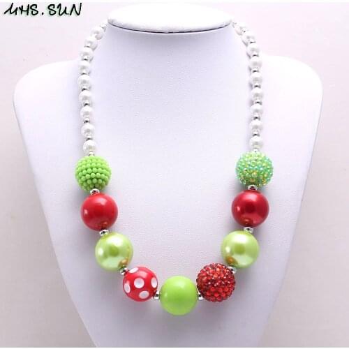 MHS.SUN Hot sale Red+Green Christmas Style Baby Bubblegum Beaded Necklace Kids Jewelry Gift Handmade Chunky Chain Necklace 1PC