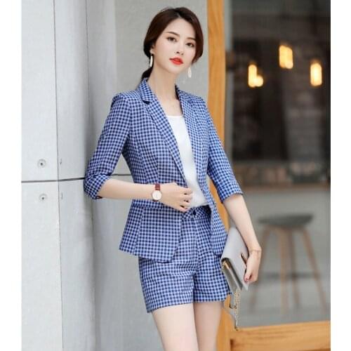 Fashion Casual Ladies Blue Plaid Blazer Women Business Suits Work Wear Shorts and Jacket Sets Office Uniform Styles