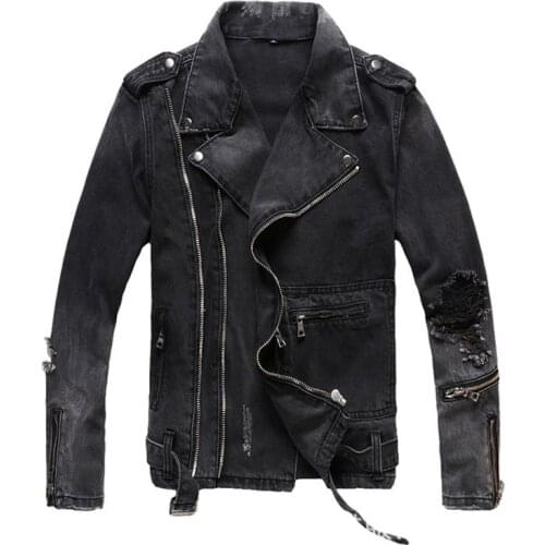 New Mens male fashion casual zippers black denim jean biker jacket for motorcycle Vintage epaulet holes ripped distressed coat