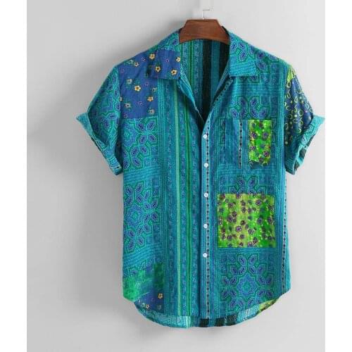 Plus Size Mens Shirts Vintage Ethnic Printed Turn Down Collar Short Sleeve Loose Casual Shirts Summer Beach Shirt Chemise Homme